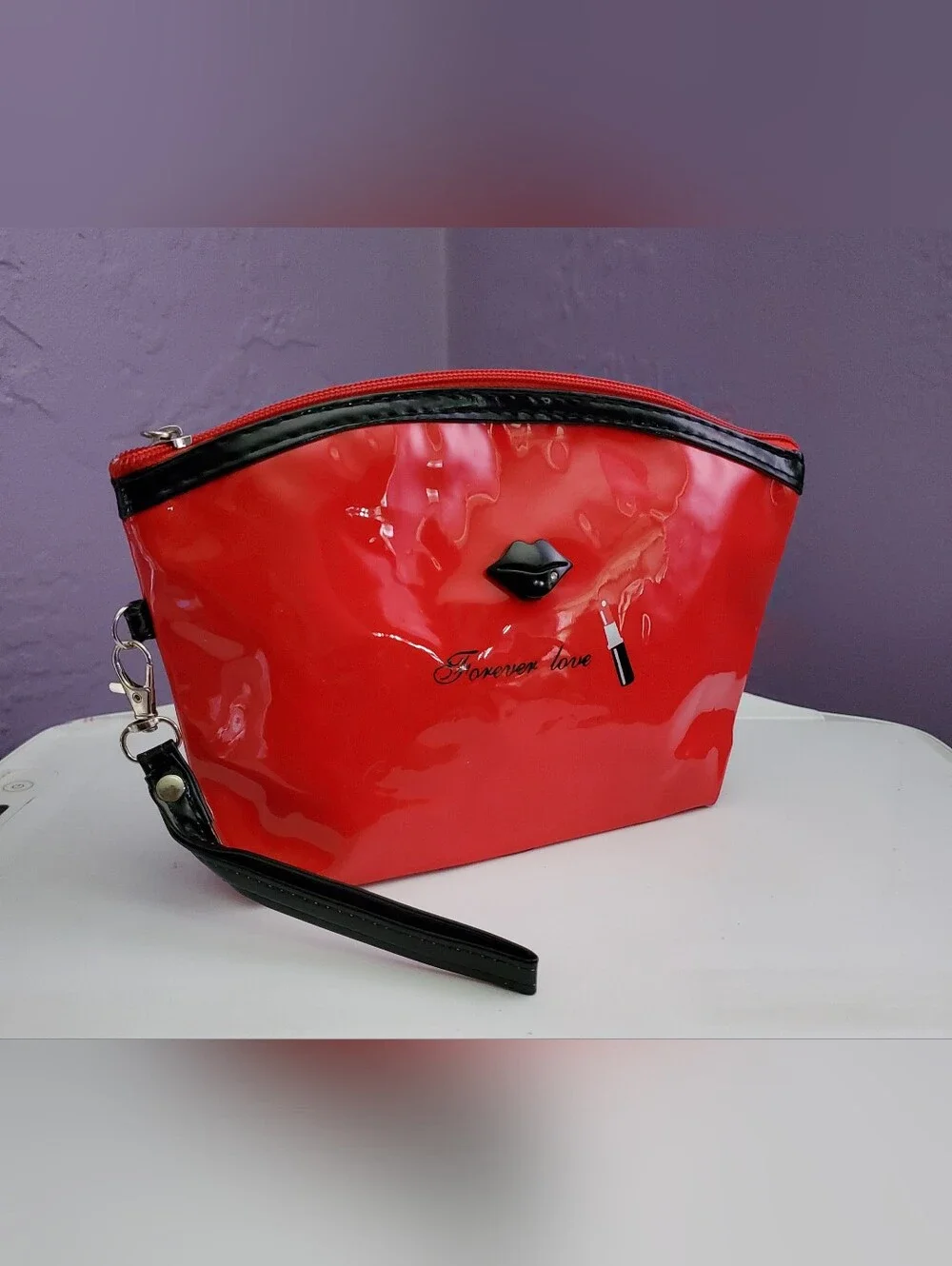 Red Patent Cosmetic Pouch Set with Lip Accents